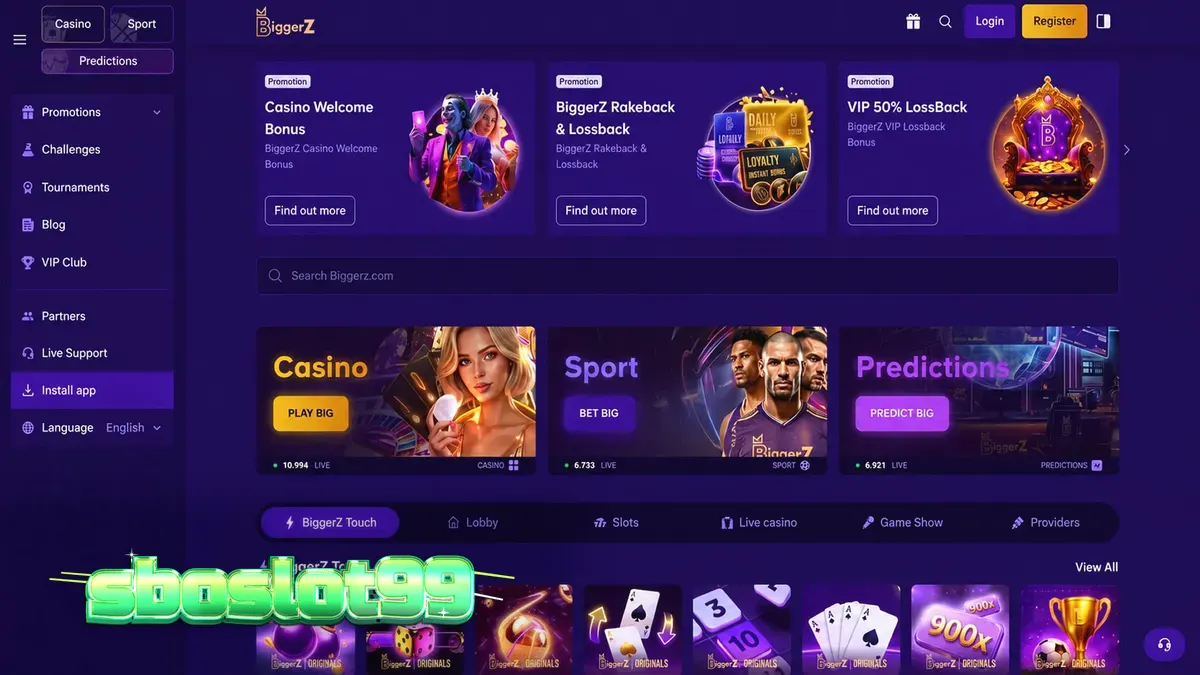 Antarmuka platform BiggerZ yang menampilkan integrasi berbagai produk taruhan.